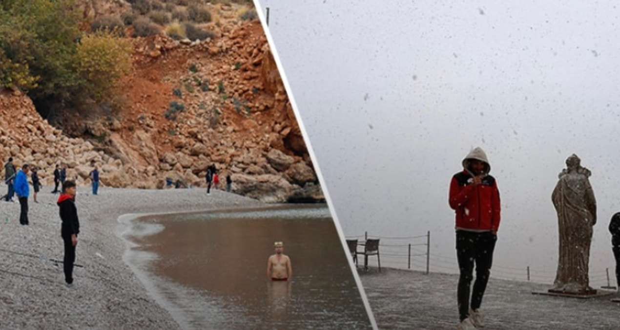 Aynı şehirde iki mevsim! Bir tarafta denize girenler diğer tarafta karda üşüyenler var